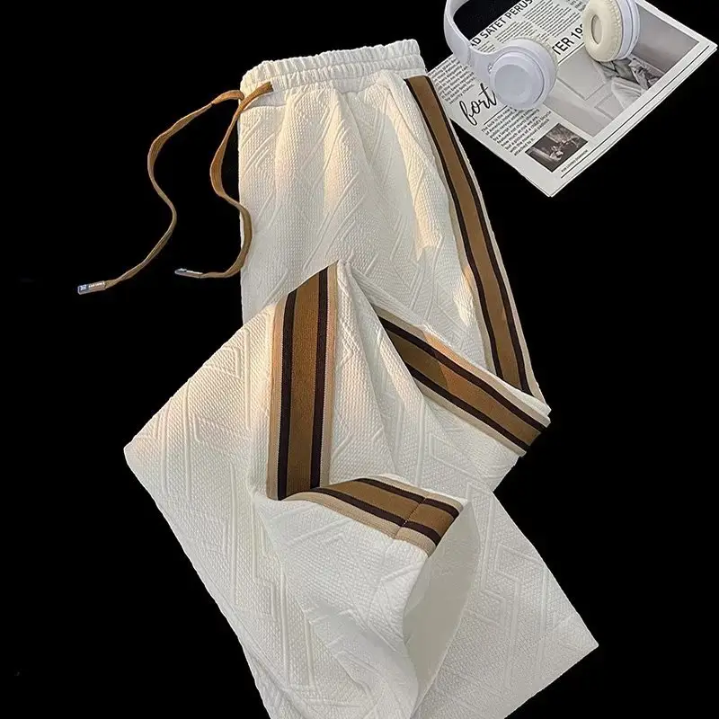 Men's Black Striped Loose Fit Straight Leg Pants - Image 5