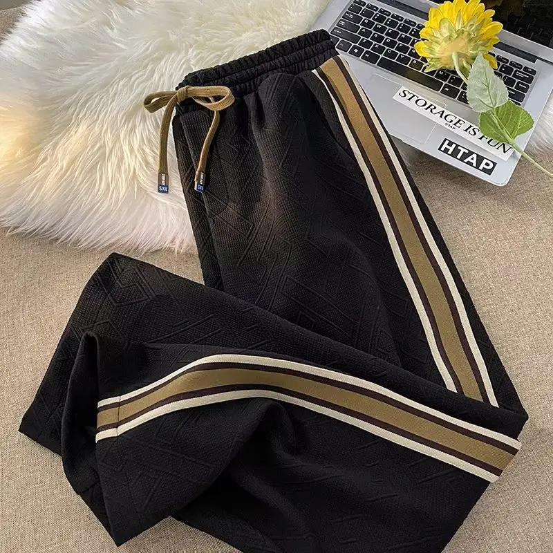Men's Black Striped Loose Fit Straight Leg Pants - Image 6