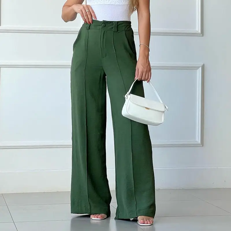 Women's Wide Leg Elastic Waist Pants Green Loose Pleated Casual - Image 6