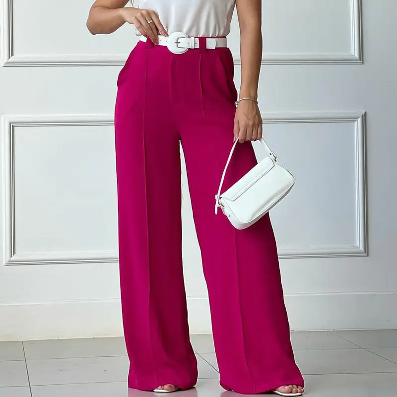 Women's Wide Leg Elastic Waist Pants Green Loose Pleated Casual - Image 7
