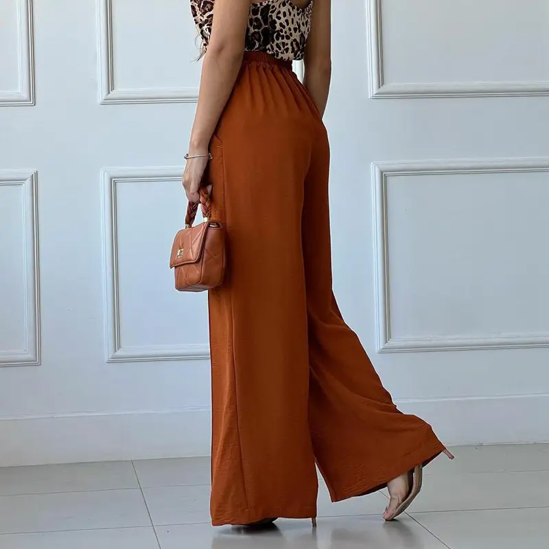 Women's Wide Leg Elastic Waist Pants Green Loose Pleated Casual - Image 9