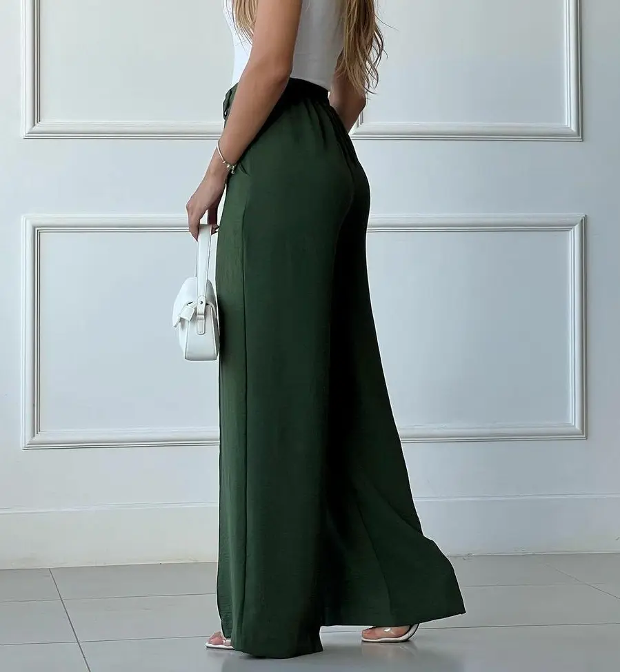 Women's Wide Leg Elastic Waist Pants Green Loose Pleated Casual — feature 13