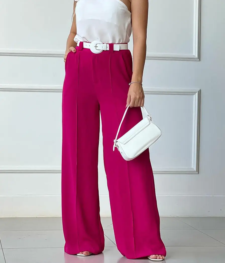 Women's Wide Leg Elastic Waist Pants Green Loose Pleated Casual — feature 15