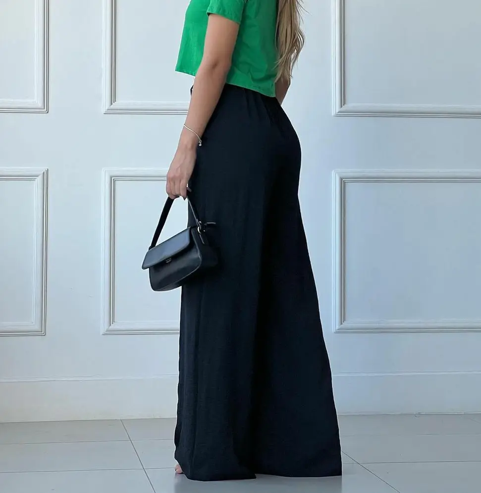 Women's Wide Leg Elastic Waist Pants Green Loose Pleated Casual — feature 17