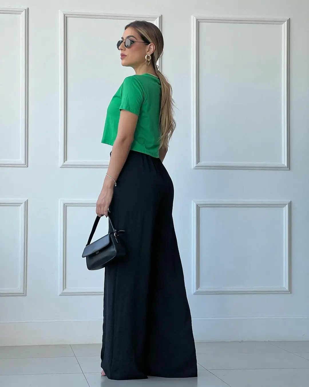 Women's Wide Leg Elastic Waist Pants Green Loose Pleated Casual — feature 20