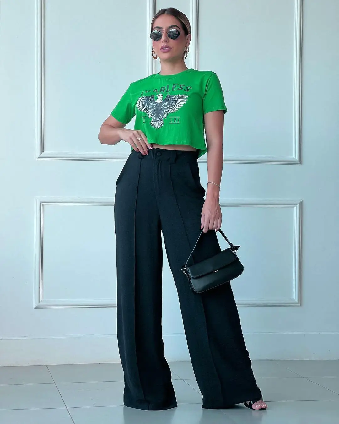 Women's Wide Leg Elastic Waist Pants Green Loose Pleated Casual — feature 21