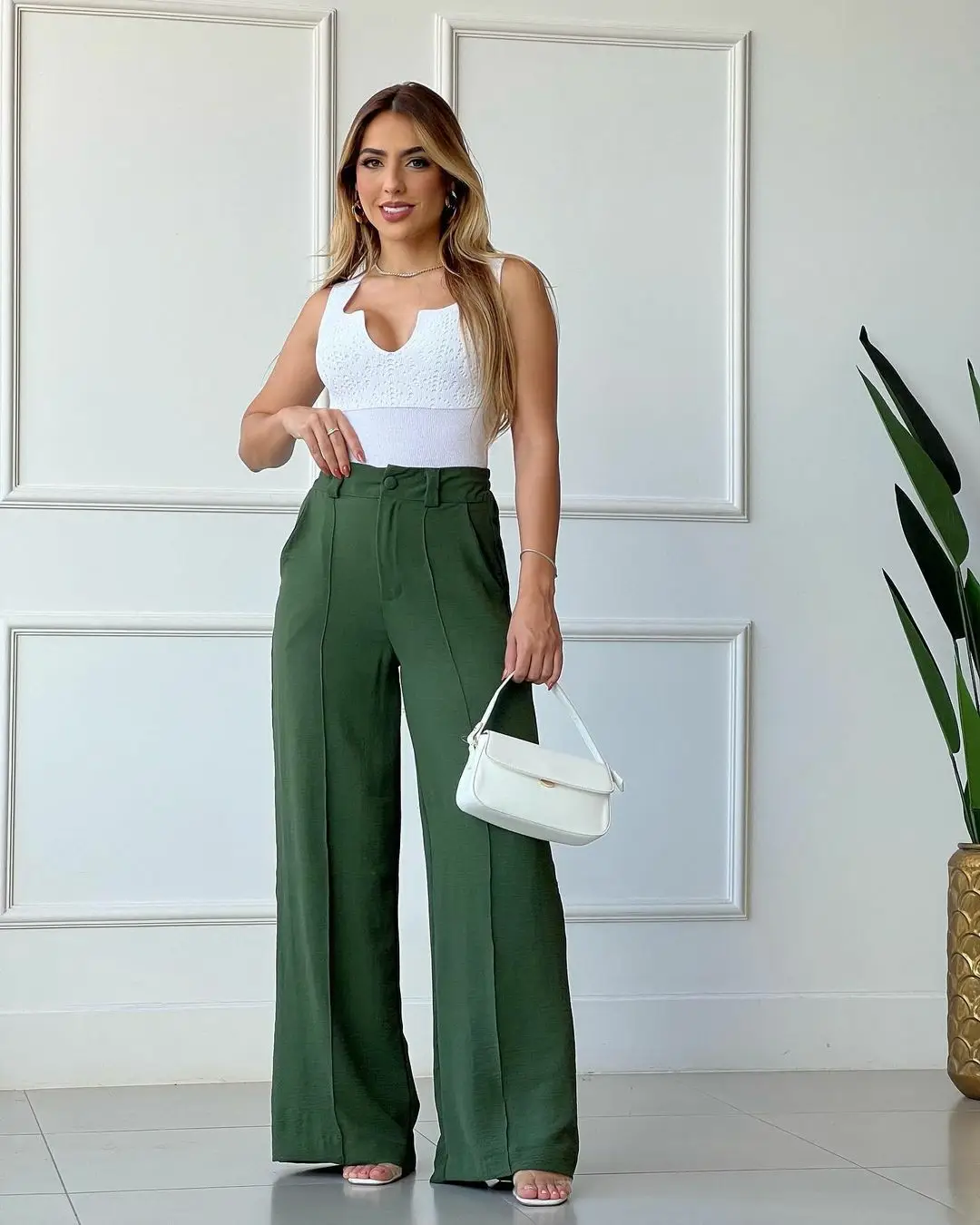Women's Wide Leg Elastic Waist Pants Green Loose Pleated Casual — feature 25