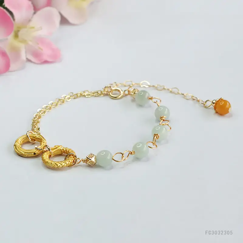 Jade Dragon Phoenix Double Ring Bracelet Gold - Image 3