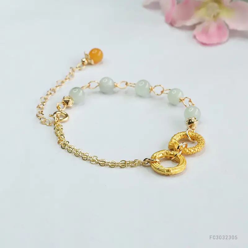 Jade Dragon Phoenix Double Ring Bracelet Gold - Image 4