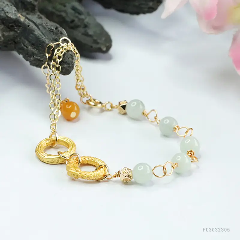 Jade Dragon Phoenix Double Ring Bracelet Gold - Image 5