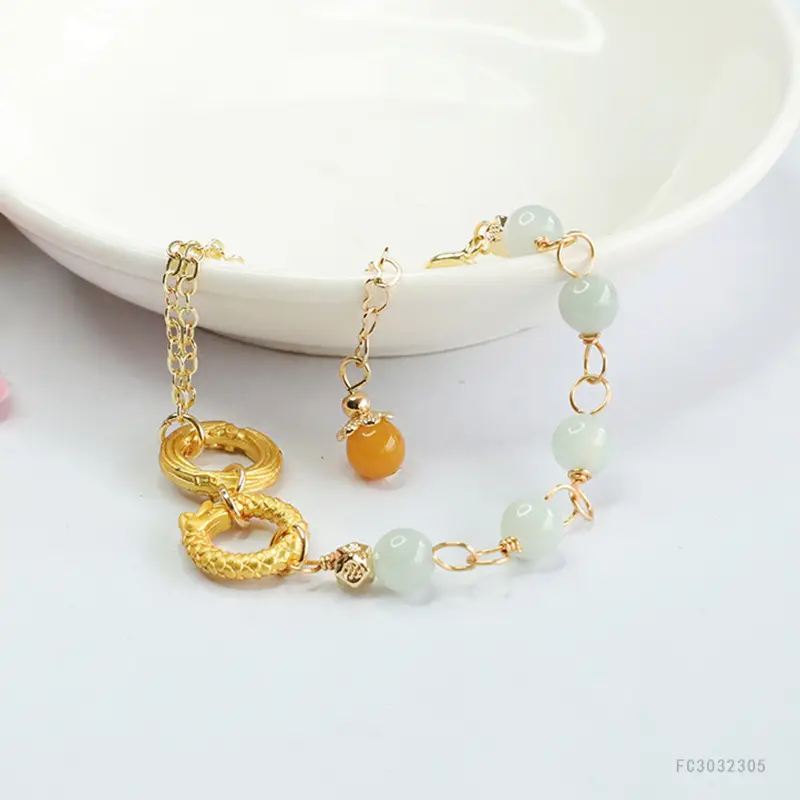 Jade Dragon Phoenix Double Ring Bracelet Gold — feature 7