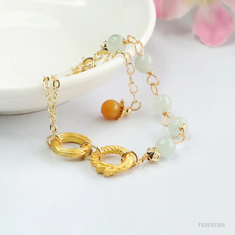 Jade Dragon Phoenix Double Ring Bracelet Gold — feature 8