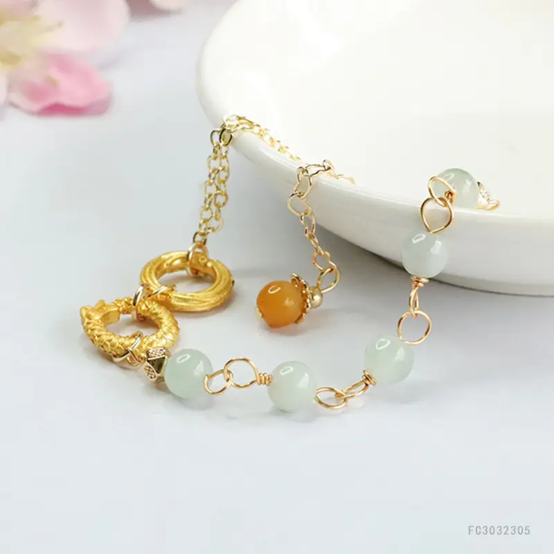 Jade Dragon Phoenix Double Ring Bracelet Gold — feature 9