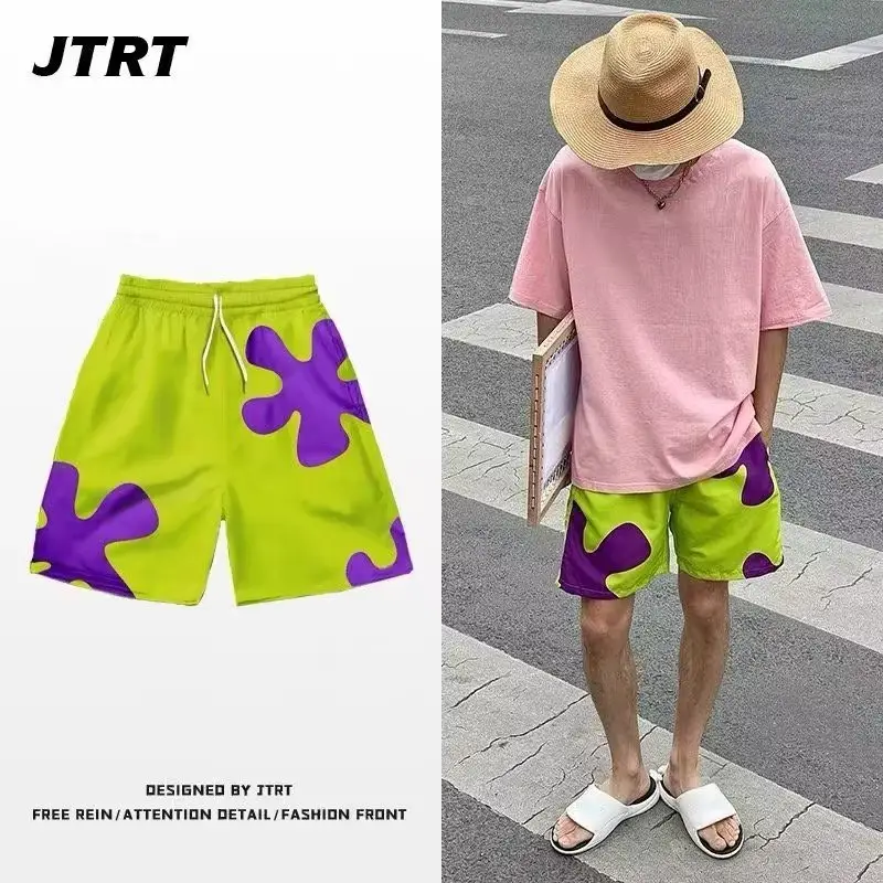 Green Purple Abstract Print Beach Shorts for Youth — feature 5