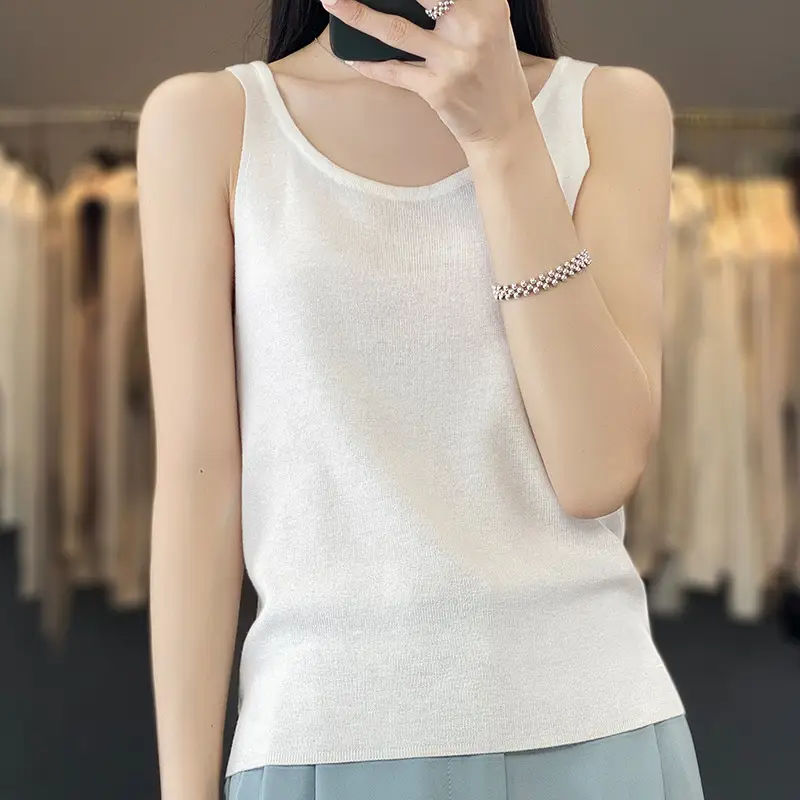 2023 Summer Wool Sleeveless Vest Green Round Neck - Image 2