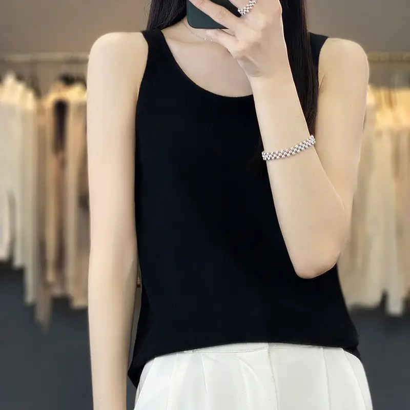2023 Summer Wool Sleeveless Vest Green Round Neck - Image 4