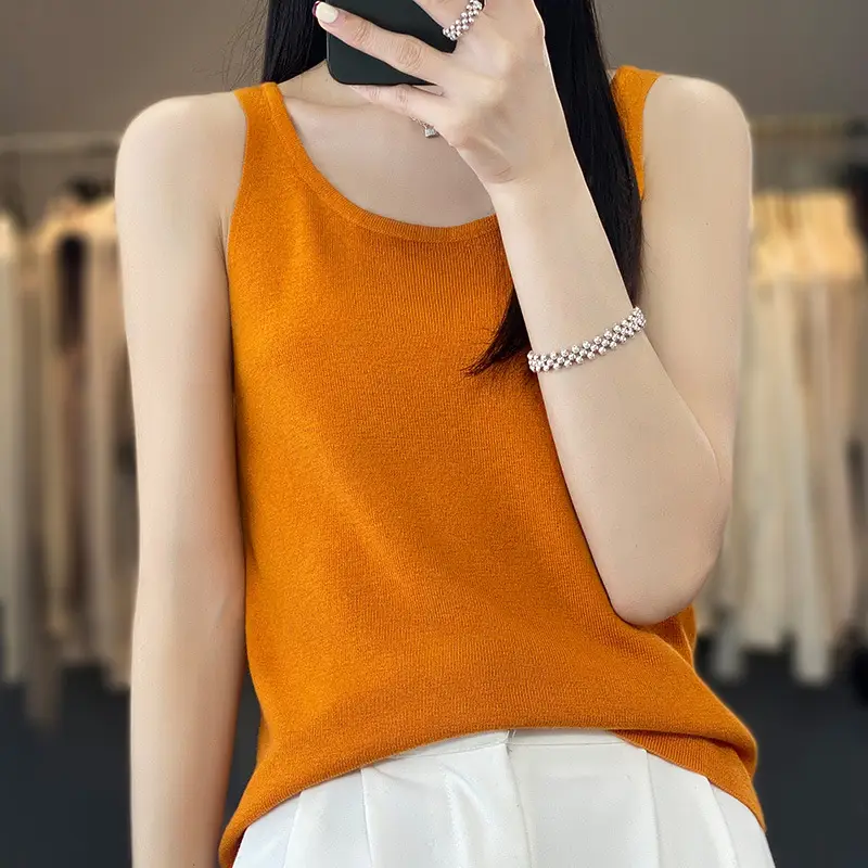 2023 Summer Wool Sleeveless Vest Green Round Neck - Image 5