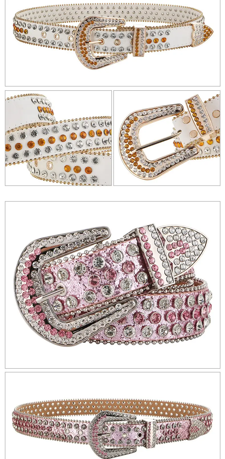 White Rhinestone Belt for Women Men Western Leather Denim Set — feature 11