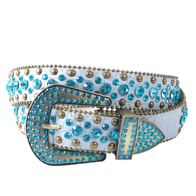 White Rhinestone Belt for Women Men Western Leather Denim Set - Image 18