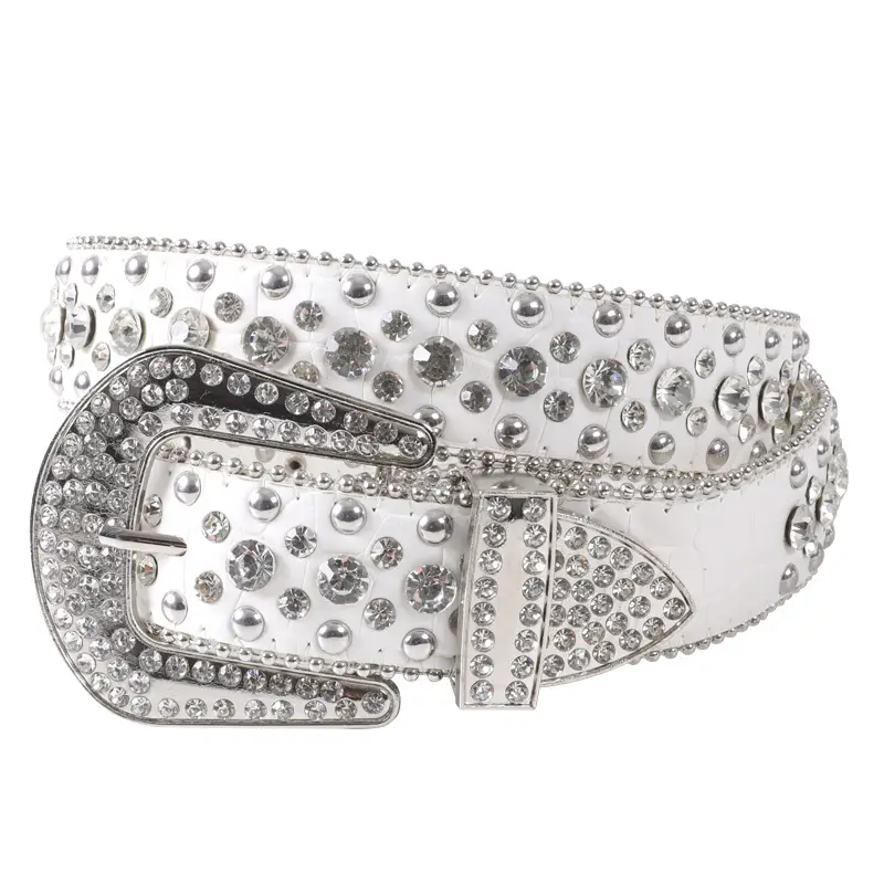 White Rhinestone Belt for Women Men Western Leather Denim Set - Image 6