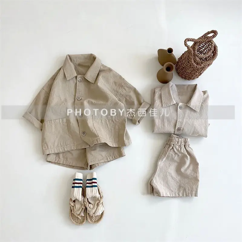 Kids Summer Suit Beige Collar Shirt Shorts Set - Image 4