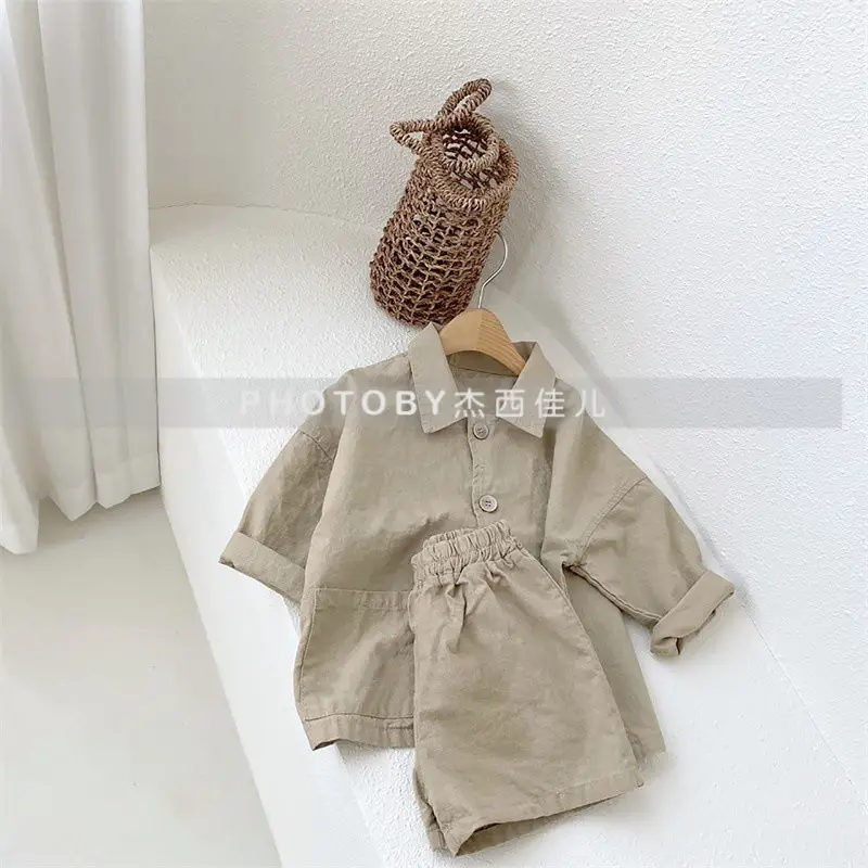 Kids Summer Suit Beige Collar Shirt Shorts Set - Image 5