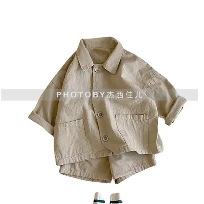 Kids Summer Suit Beige Collar Shirt Shorts Set - Image 6