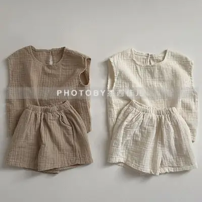 Kids Summer Suit Beige Collar Shirt Shorts Set — feature 1