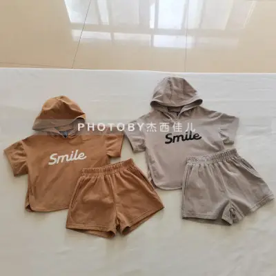 Kids Summer Suit Beige Collar Shirt Shorts Set — feature 11