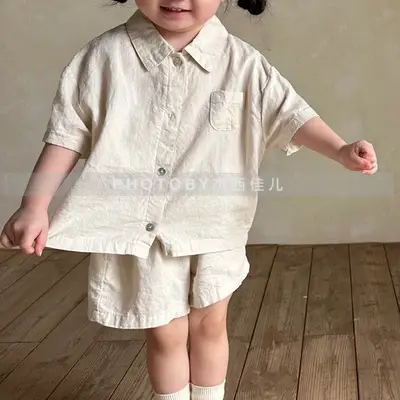 Kids Summer Suit Beige Collar Shirt Shorts Set — feature 15