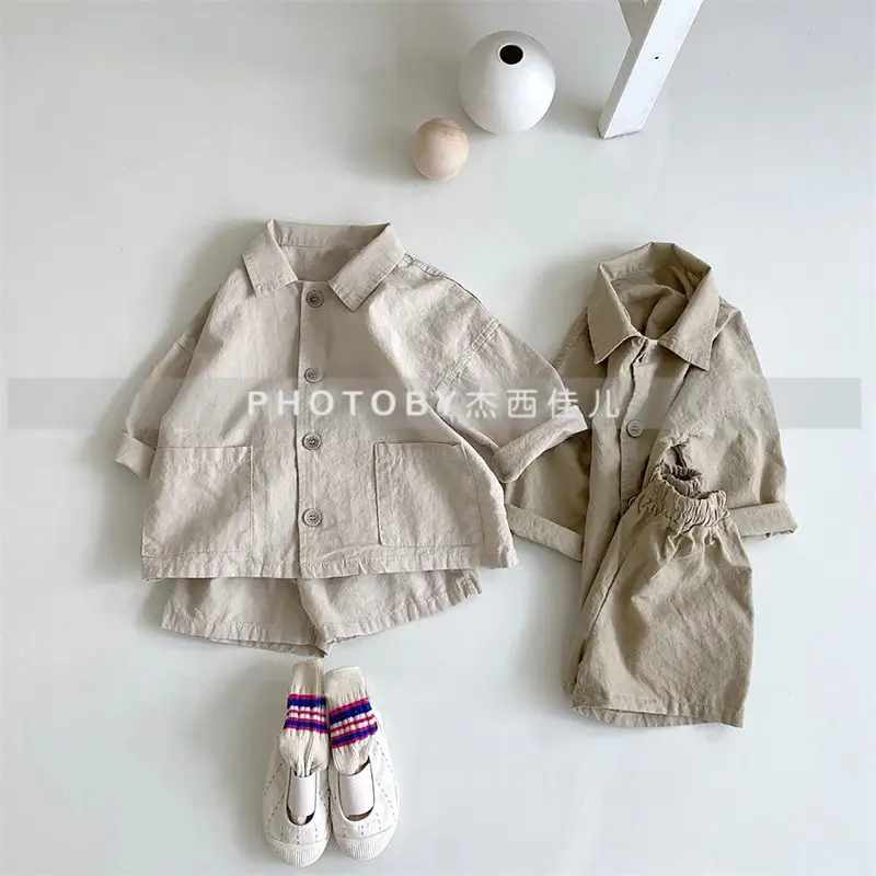 Kids Summer Suit Beige Collar Shirt Shorts Set — feature 21