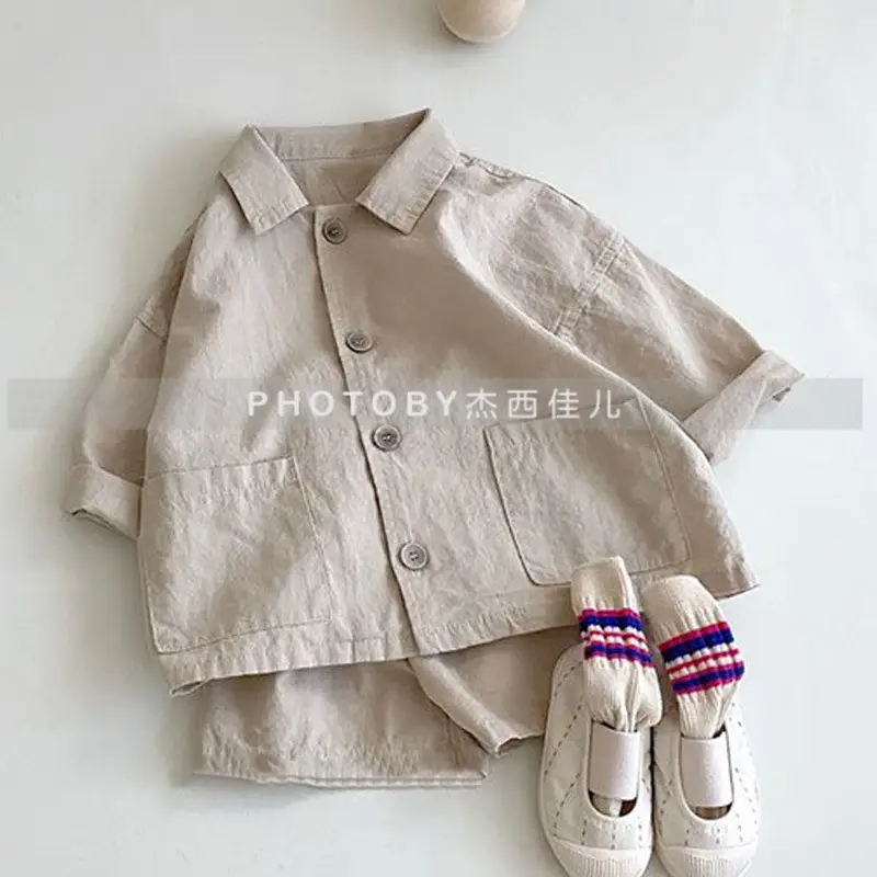 Kids Summer Suit Beige Collar Shirt Shorts Set — feature 23