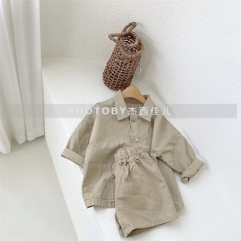 Kids Summer Suit Beige Collar Shirt Shorts Set — feature 25