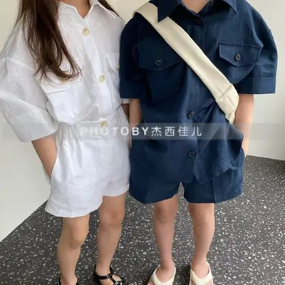 Kids Summer Suit Beige Collar Shirt Shorts Set — feature 3