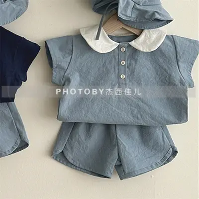 Kids Summer Suit Beige Collar Shirt Shorts Set — feature 5