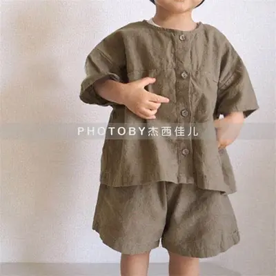 Kids Summer Suit Beige Collar Shirt Shorts Set — feature 6