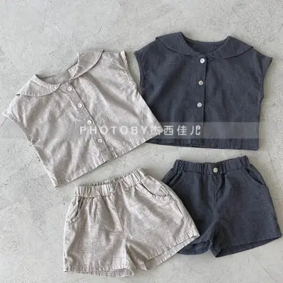 Kids Summer Suit Beige Collar Shirt Shorts Set — feature 7