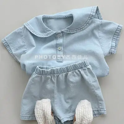 Kids Summer Suit Beige Collar Shirt Shorts Set — feature 8