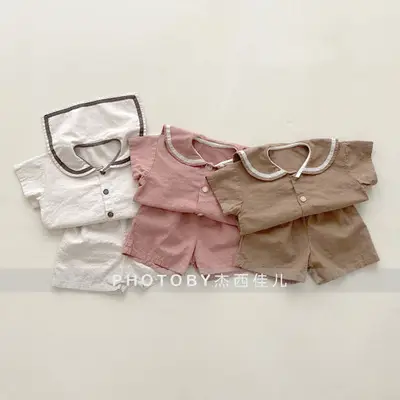 Kids Summer Suit Beige Collar Shirt Shorts Set — feature 9