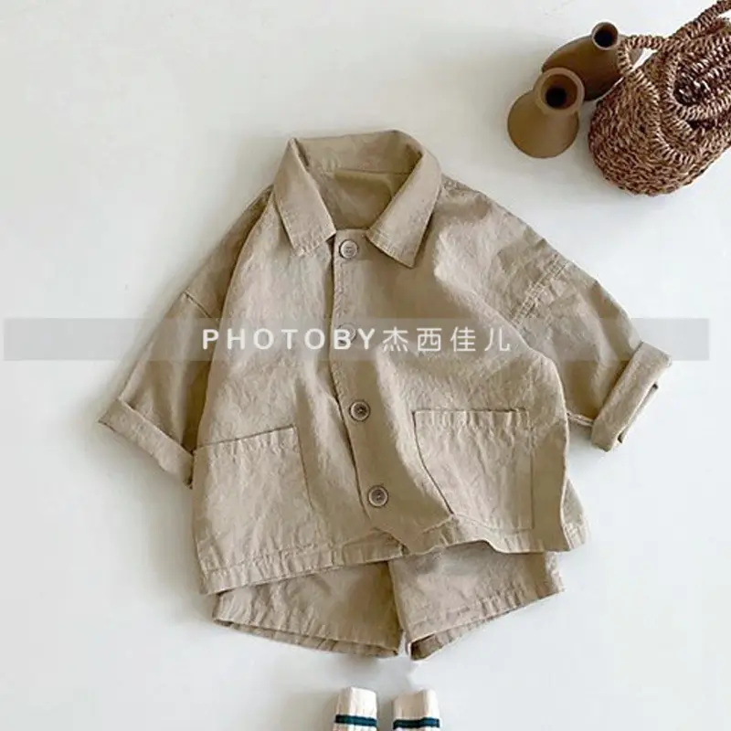 Kids Summer Suit Beige Collar Shirt Shorts Set - Image 2