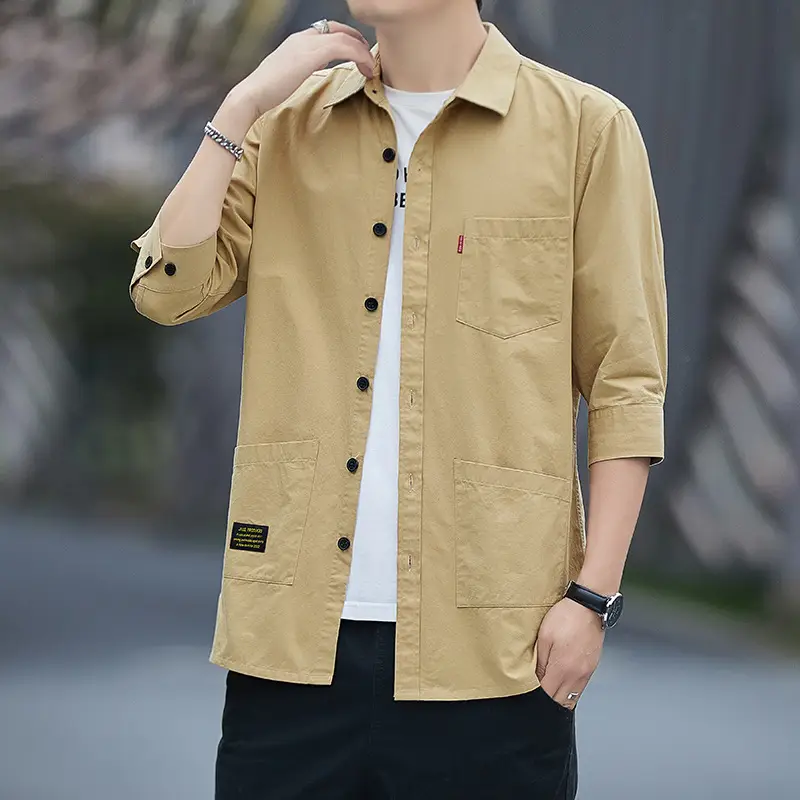 Men Blue Cotton Mid-Sleeve Shirt Casual All-Match