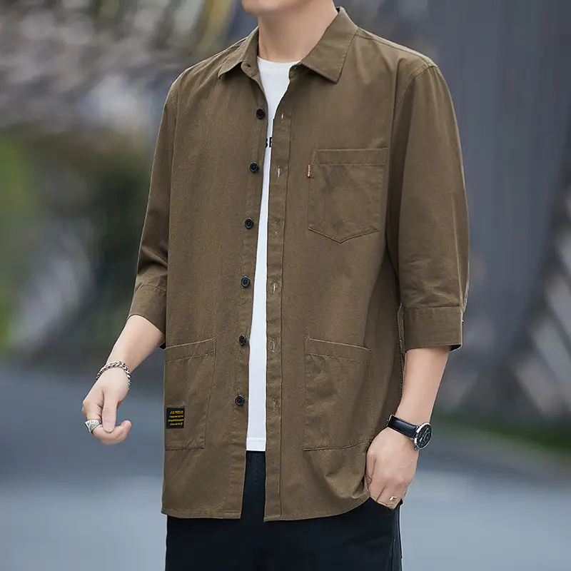 Men Blue Cotton Mid-Sleeve Shirt Casual All-Match