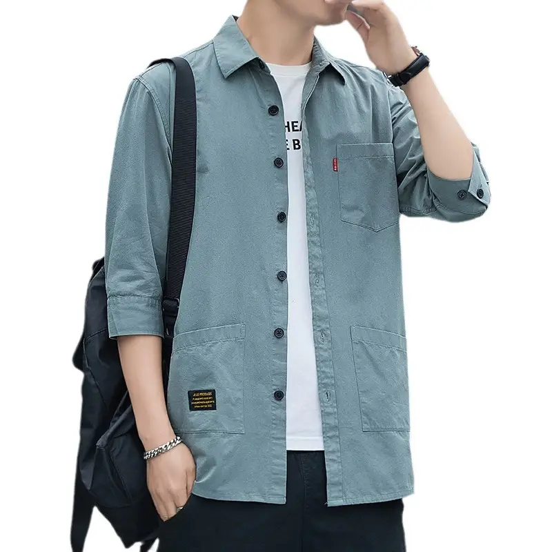 Men Blue Cotton Mid-Sleeve Shirt Casual All-Match