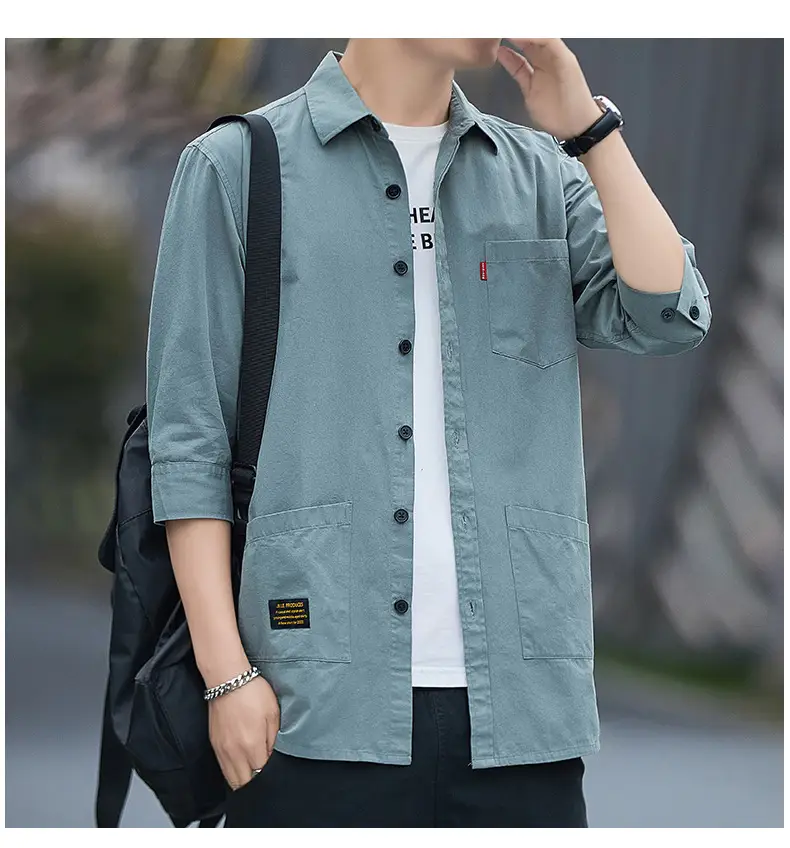 Men Blue Cotton Mid-Sleeve Shirt Casual All-Match — feature 11