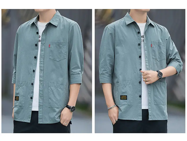 Men Blue Cotton Mid-Sleeve Shirt Casual All-Match — feature 12