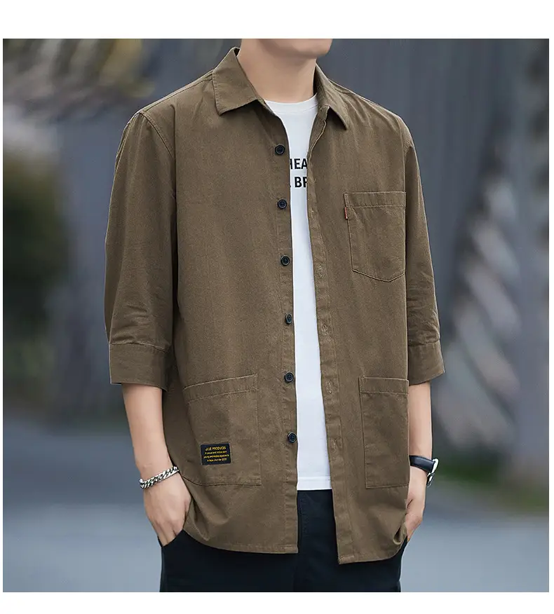 Men Blue Cotton Mid-Sleeve Shirt Casual All-Match — feature 13
