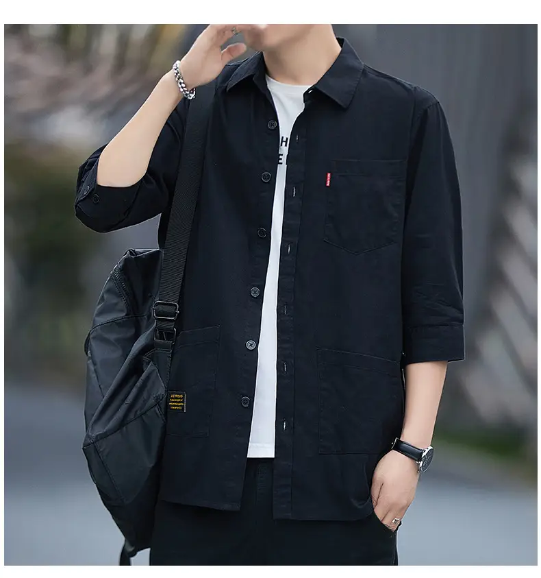 Men Blue Cotton Mid-Sleeve Shirt Casual All-Match — feature 15