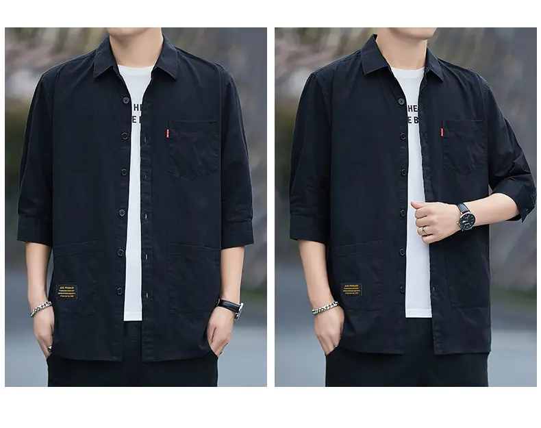 Men Blue Cotton Mid-Sleeve Shirt Casual All-Match — feature 16