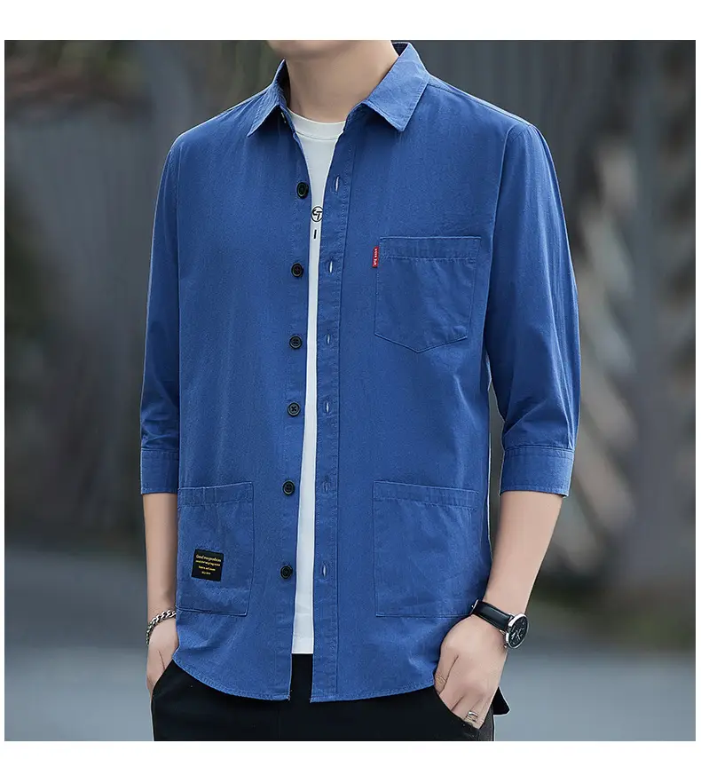 Men Blue Cotton Mid-Sleeve Shirt Casual All-Match — feature 17