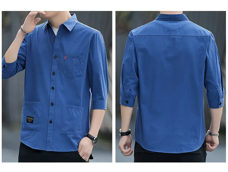 Men Blue Cotton Mid-Sleeve Shirt Casual All-Match — feature 18